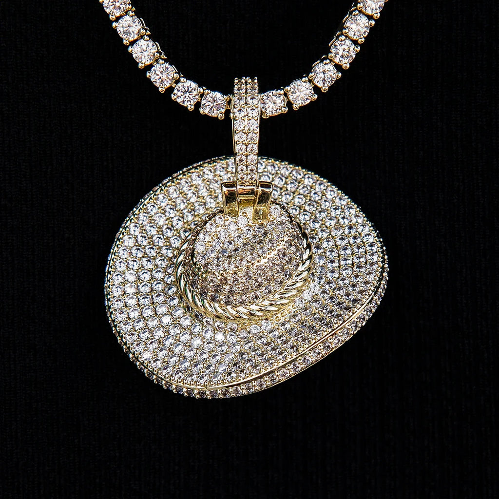 Iced Cowboy Hat Pendant - Yellow Gold