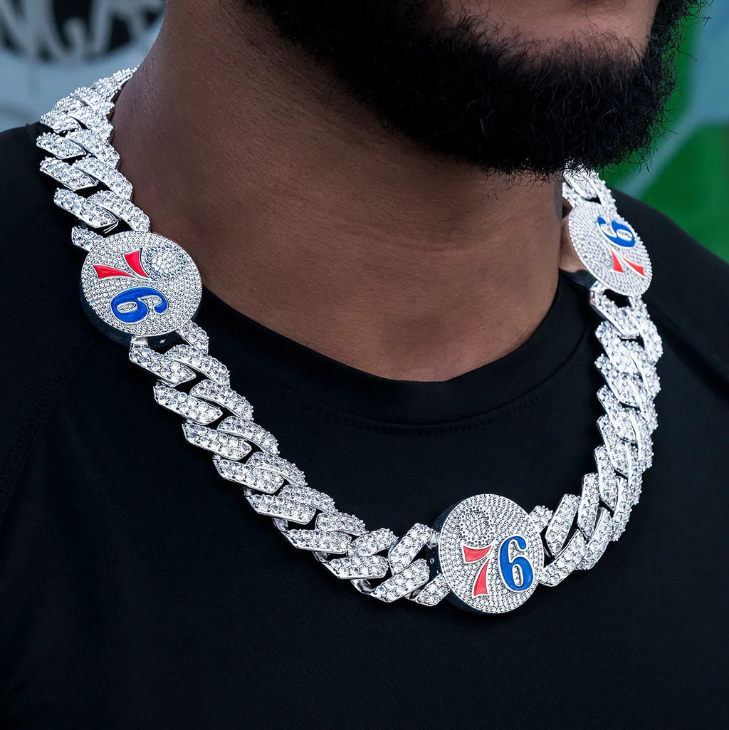 Philadelphia 76ers Official NBA Diamond Prong Cuban Chain in White Gold- 25mm