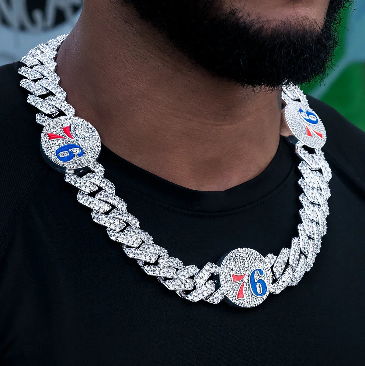 Philadelphia 76ers Official NBA Diamond Prong Cuban Chain in White Gold- 25mm