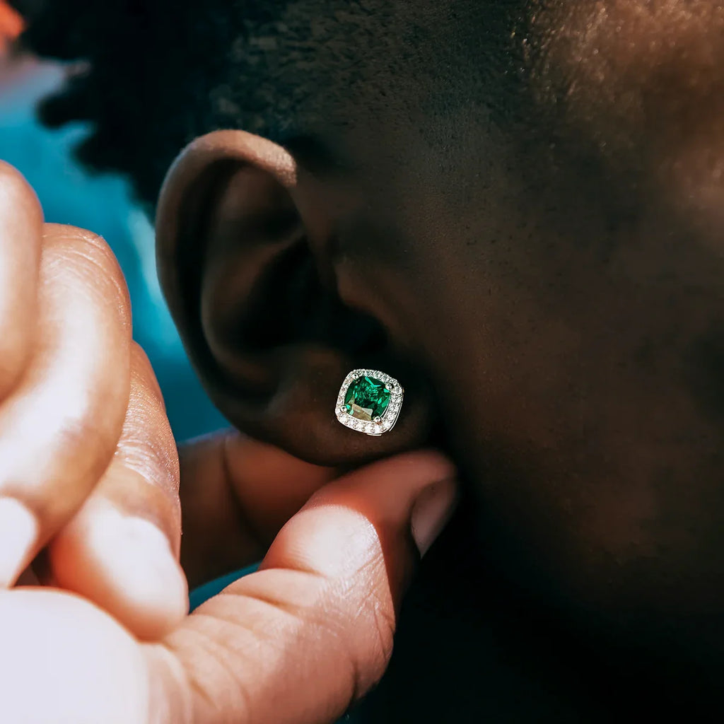 Emerald Cushion Cut Earrings in White Gold