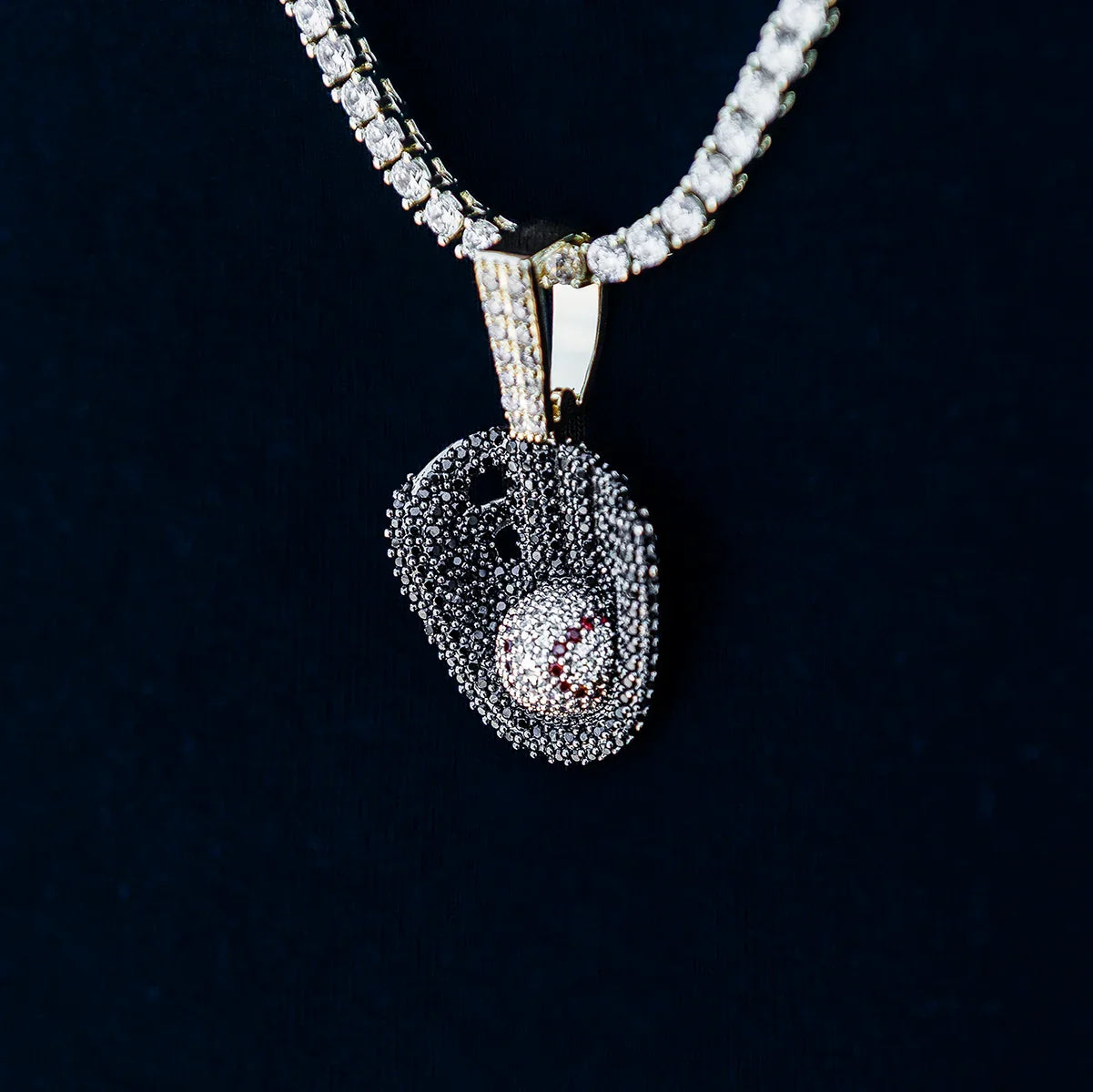 Iced Black Baseball Pendant in Yellow Gold