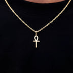 Micro Simple Ankh Cross Pendant + 2MM Rope Chain Bundle in Yellow Gold