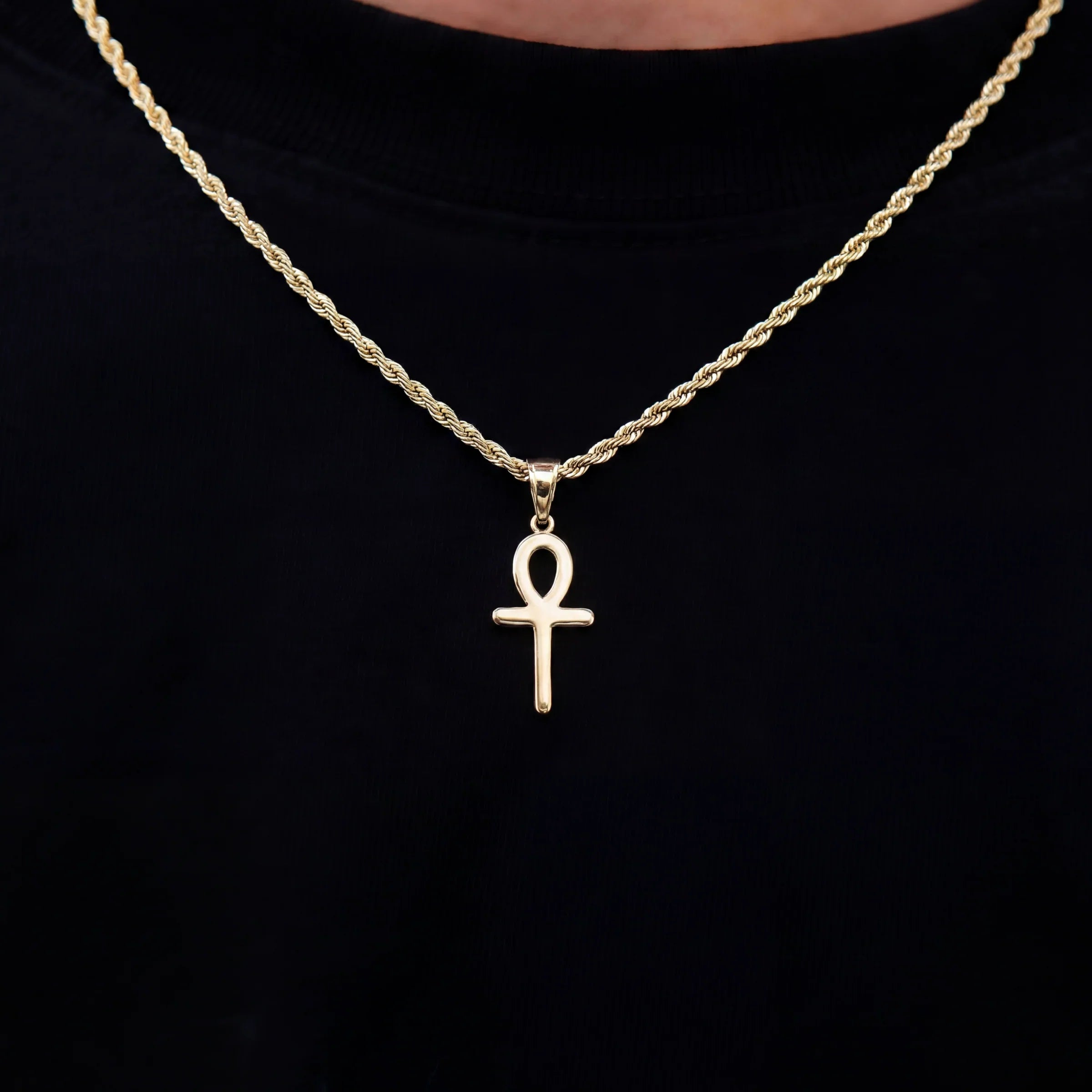 Micro Simple Ankh Cross Pendant + 2MM Rope Chain Bundle in Yellow Gold