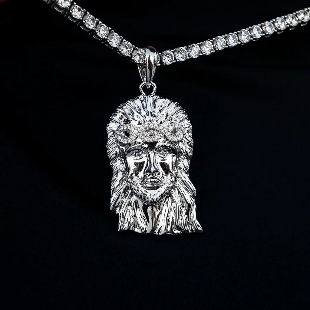 Large Diamond Crown Portrait of Jesus Pendant in White Gold
