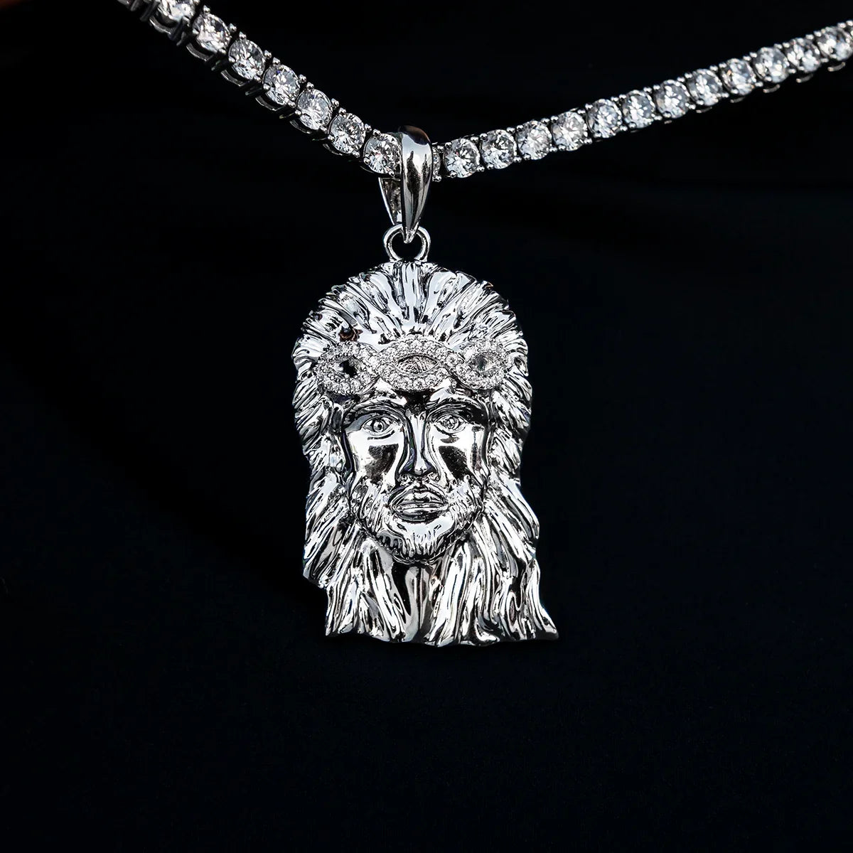 Large Diamond Crown Portrait of Jesus Pendant in White Gold