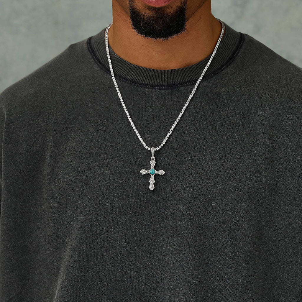 Turquoise Western Cross Pendant in White Gold