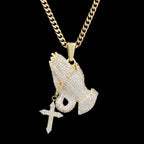 Iced Praying Hands with Cross Pendant in Yellow Gold