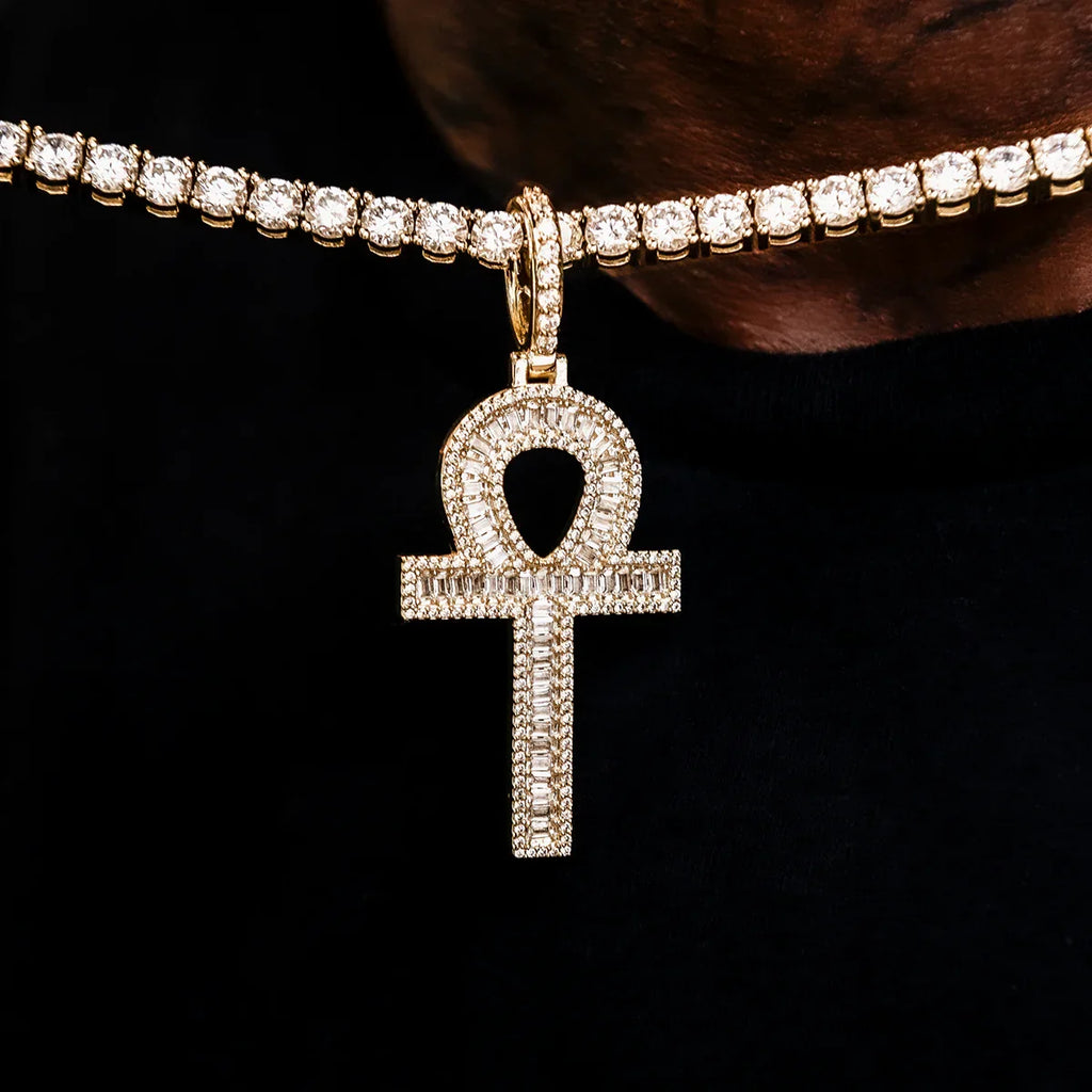 Diamond Baguette Ankh Cross Pendant in Yellow Gold
