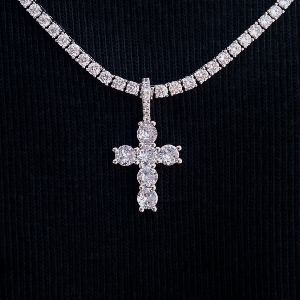 Iced Micro Round Cross Pendant in White Gold