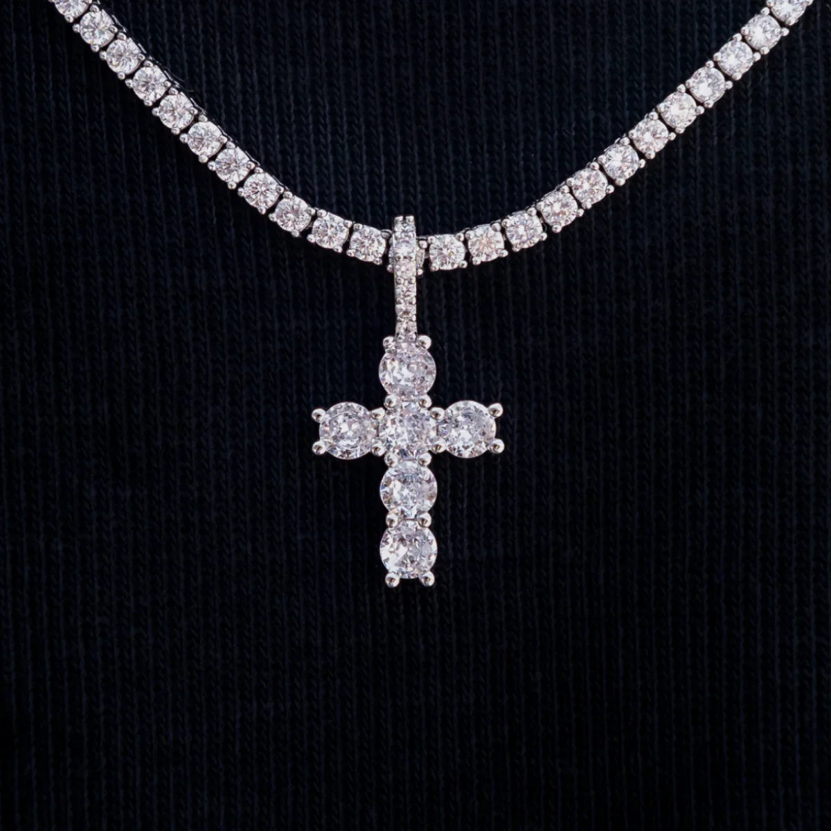 Iced Micro Round Cross Pendant in White Gold