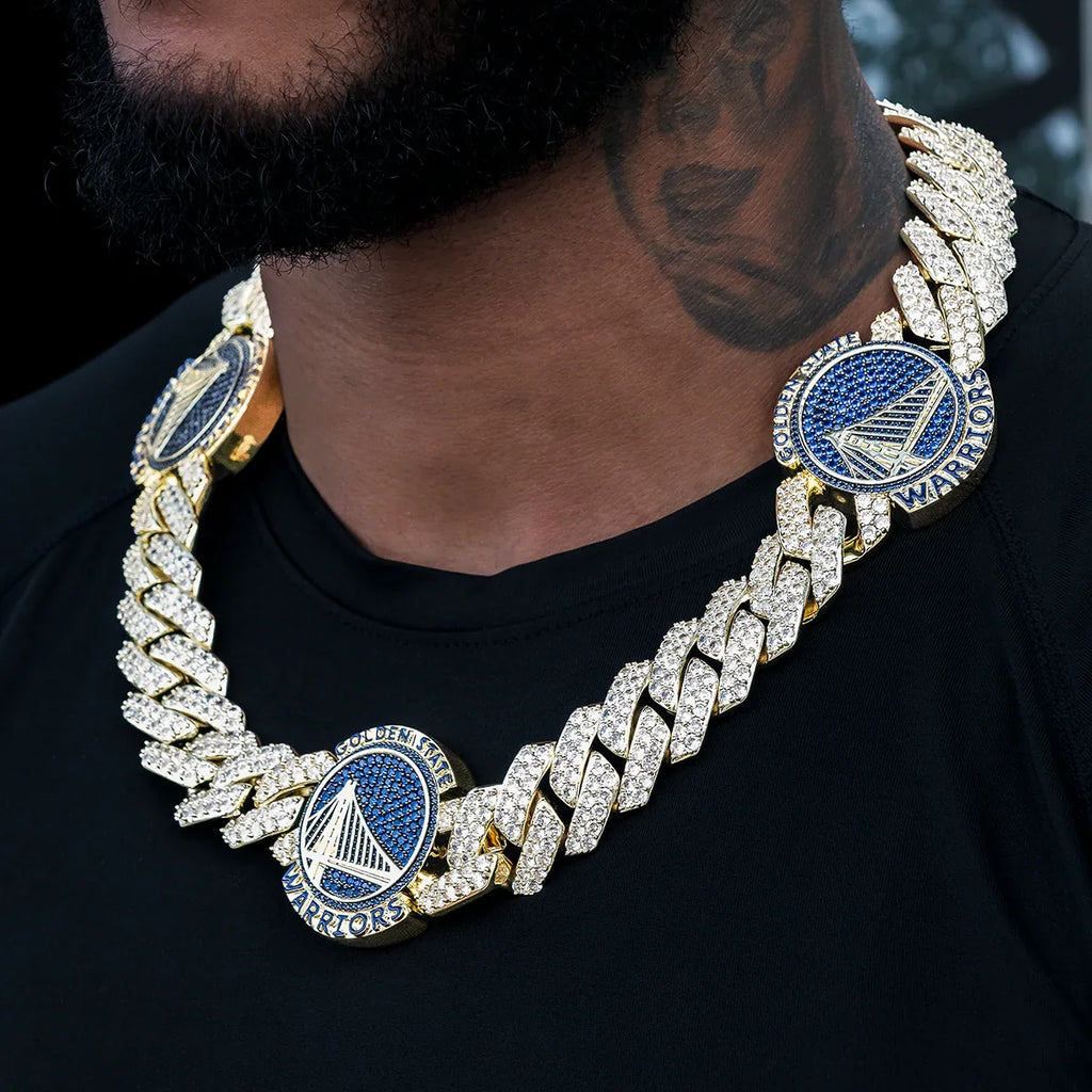 Golden State Warriors Official NBA Diamond Prong Cuban Chain in Yellow Gold- 25mm