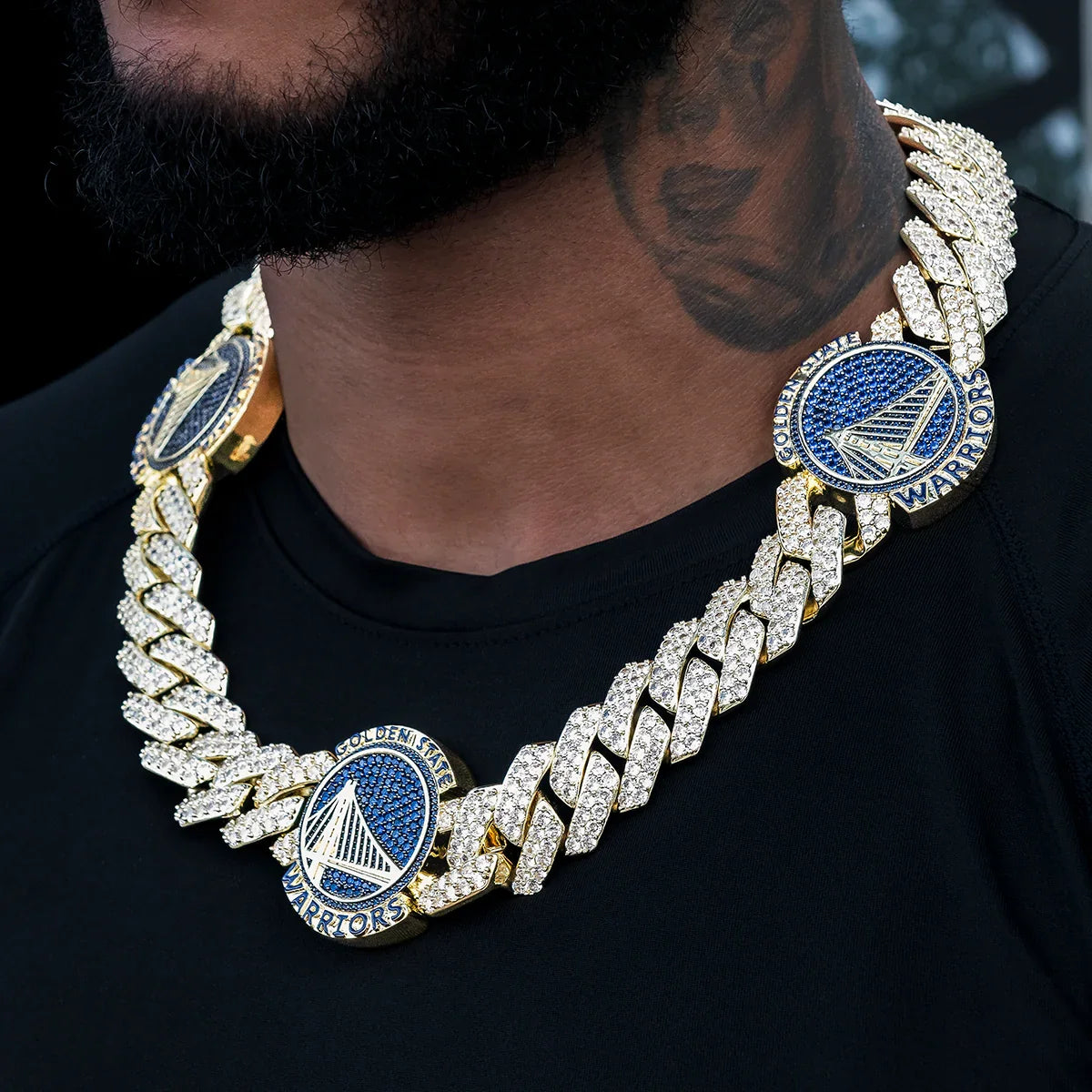 Golden State Warriors Official NBA Diamond Prong Cuban Chain in Yellow Gold- 25mm