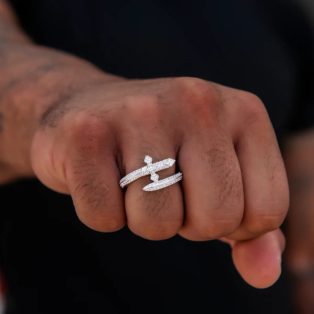 Diamond Sword Ring in White Gold Vermeil