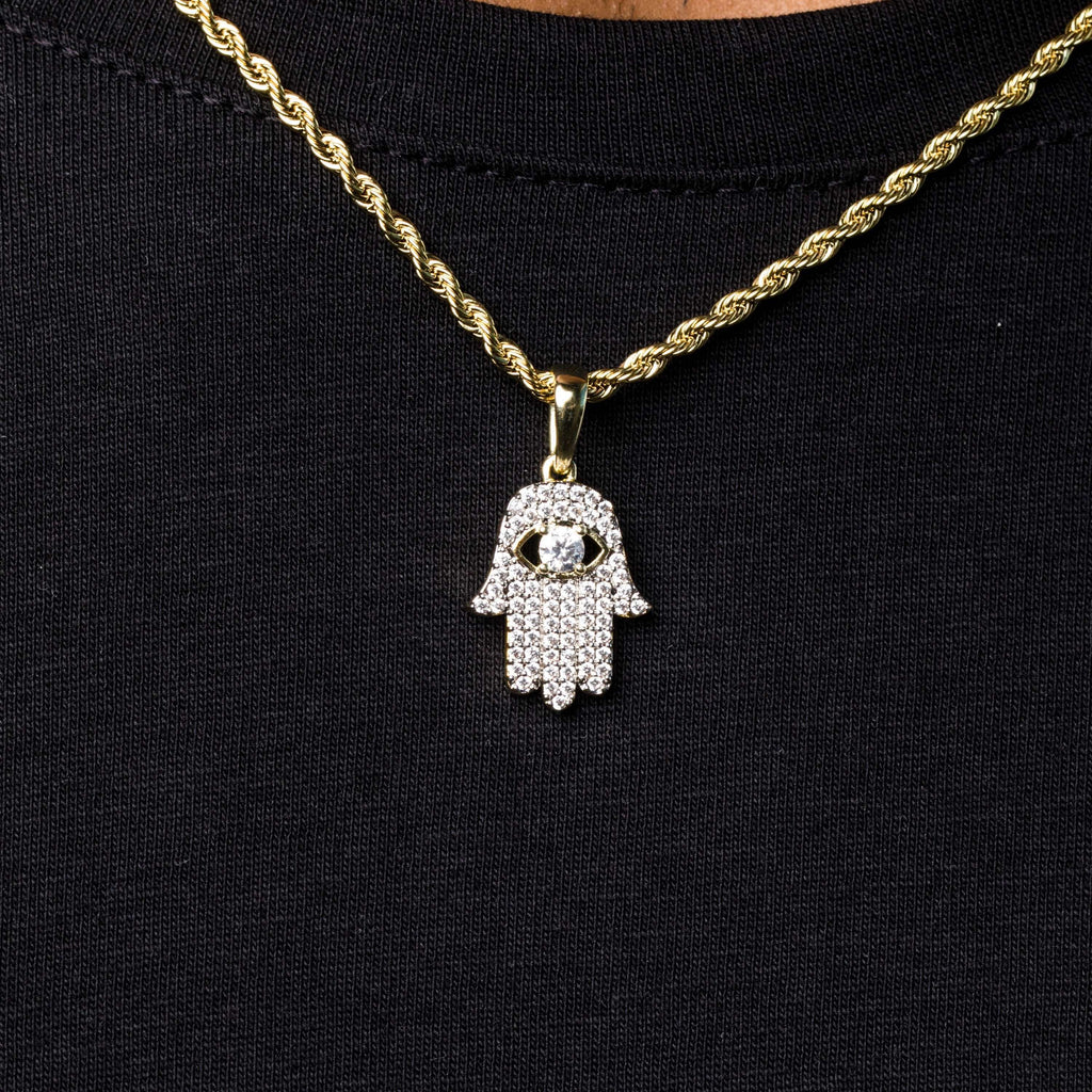 Micro Iced Hamsa Pendant in Yellow Gold