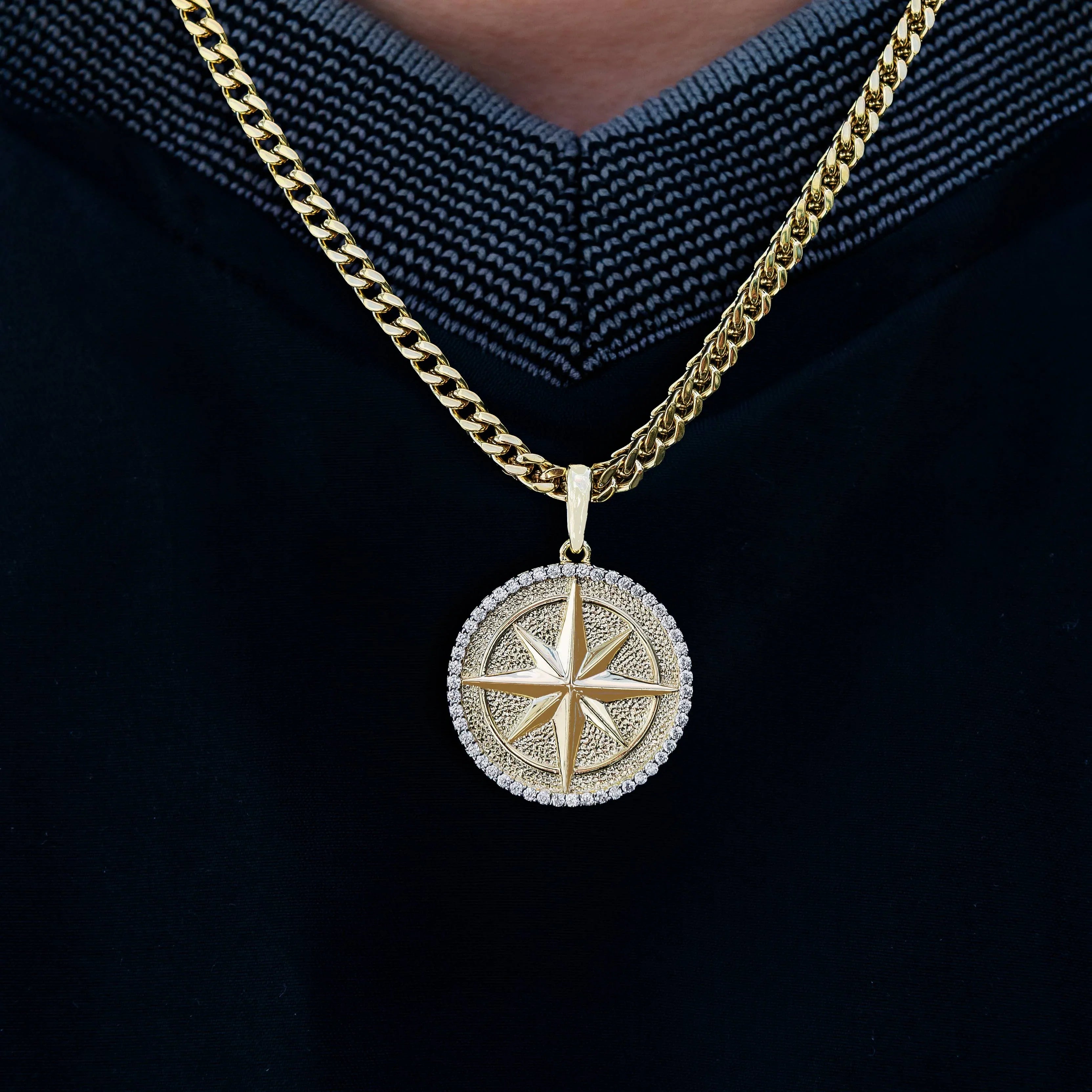 Compass Coin Pendant + 3mm Franco Chain Set in Yellow Gold