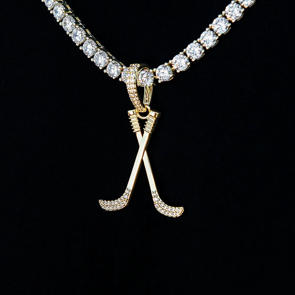 Iced Hockey Sticks Pendant in Yellow Gold