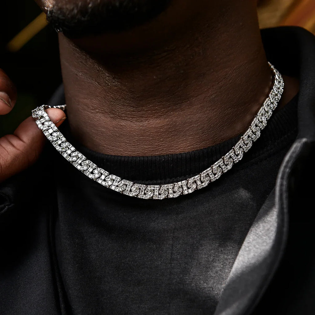 Baguette Chain Link Necklace + Bracelet in White Gold- 8mm