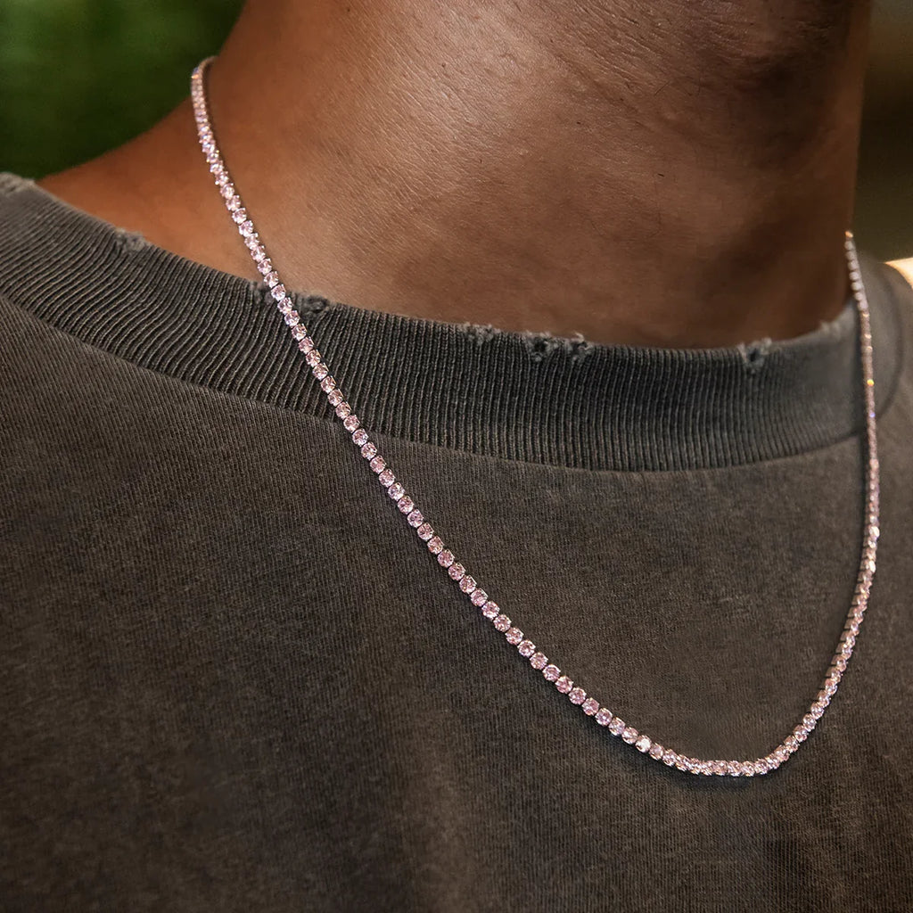 Pink Diamond Micro Tennis Chain + Bracelet Bundle in White Gold