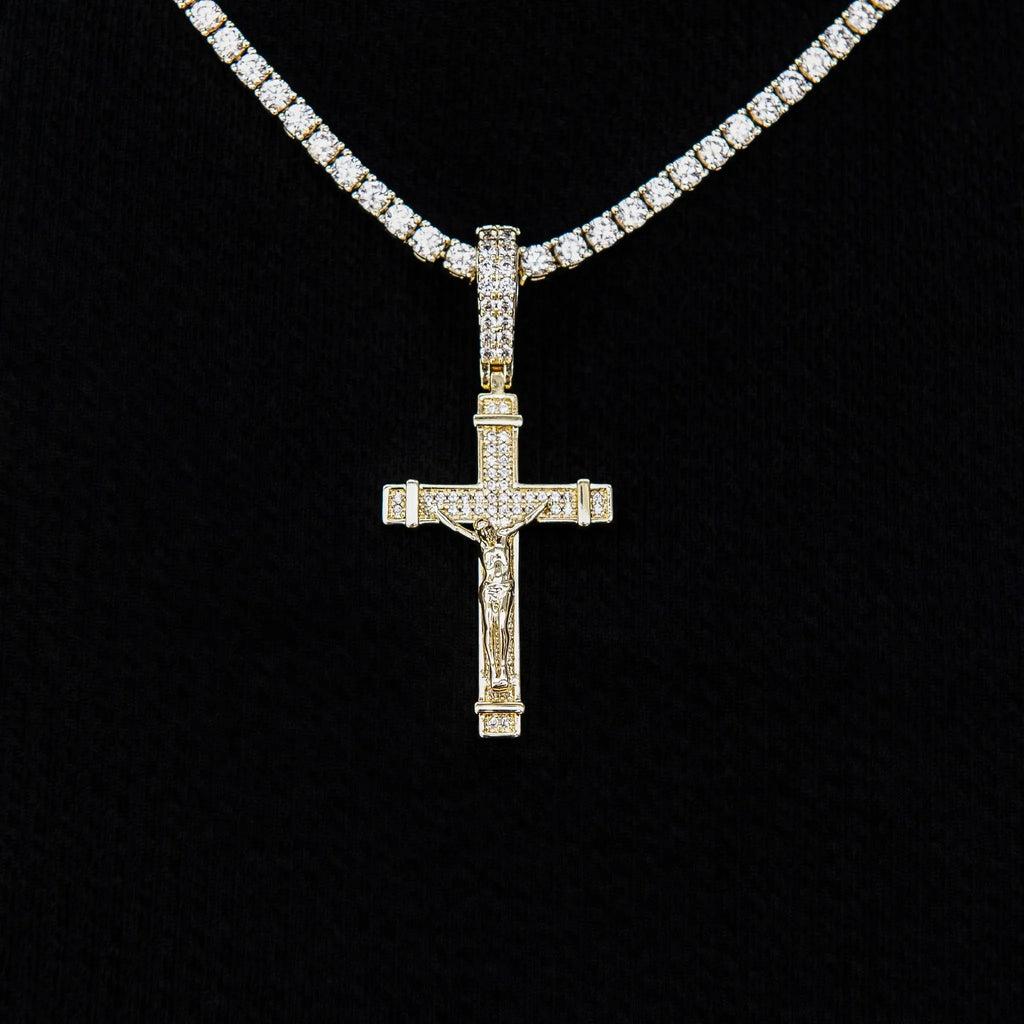 Iced Flat Crucifix Cross Pendant in Yellow Gold