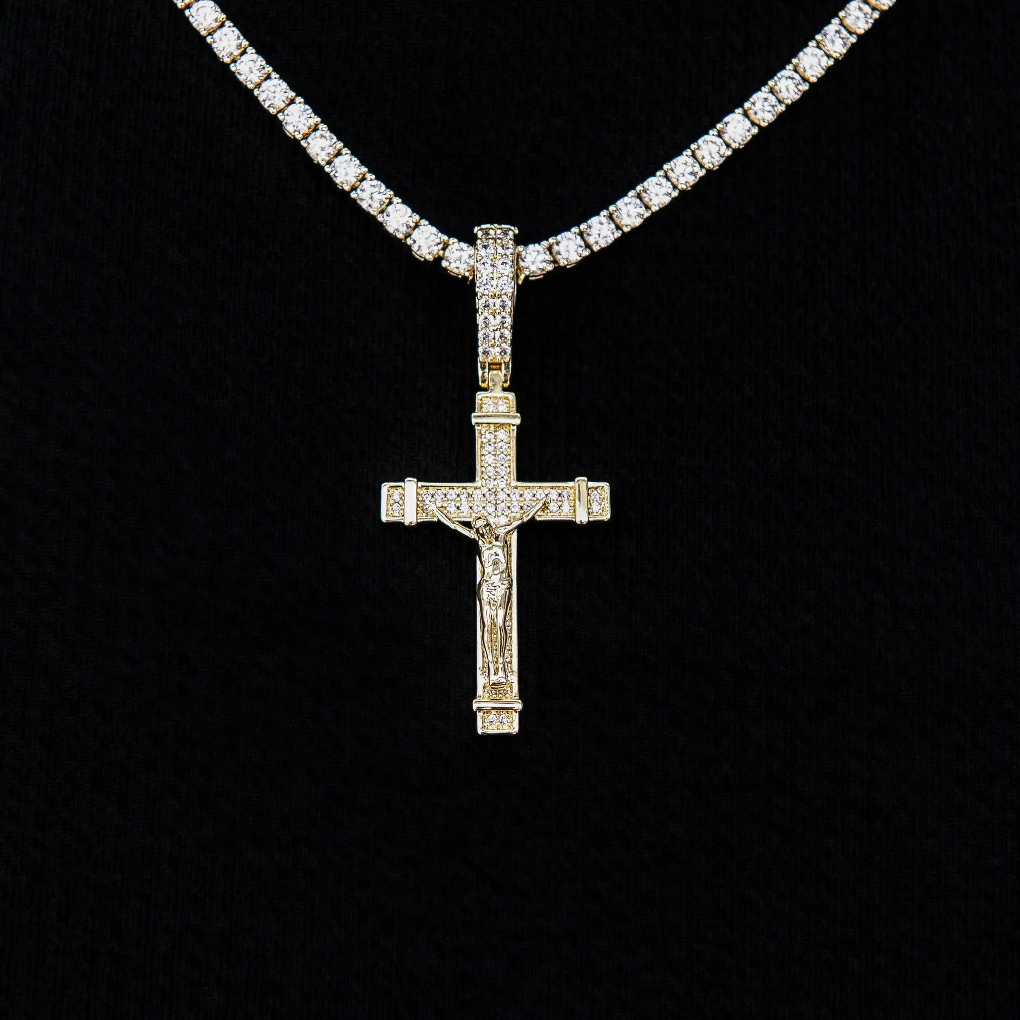 Iced Flat Crucifix Cross Pendant in Yellow Gold