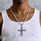 Large Iced Purple Baguette Cross Pendant in White Gold