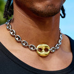 Two Tone Large Link Puffed Mariner Chain Necklace in White & Yellow Gold - 15mm