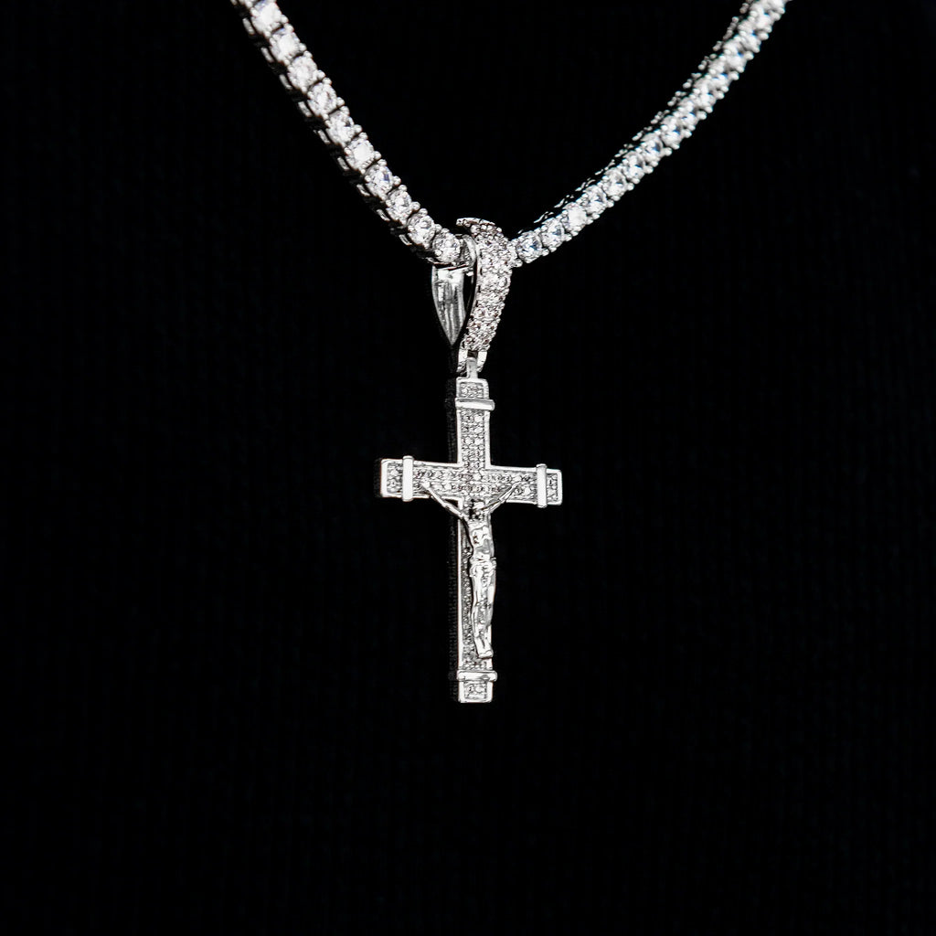 Iced Flat Crucifix Cross Pendant in White Gold