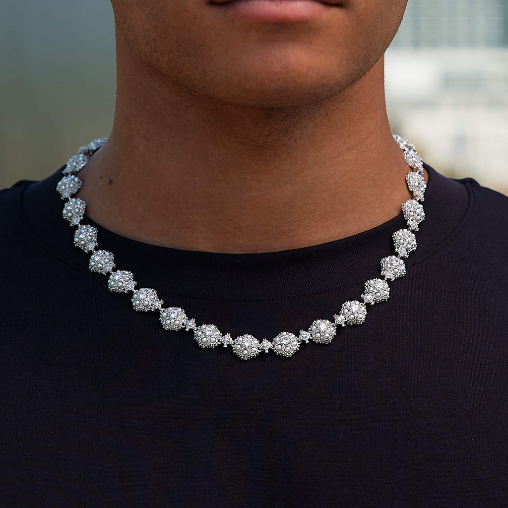 Iced Clustered Pearl Flower Chain in White Gold - 12MM