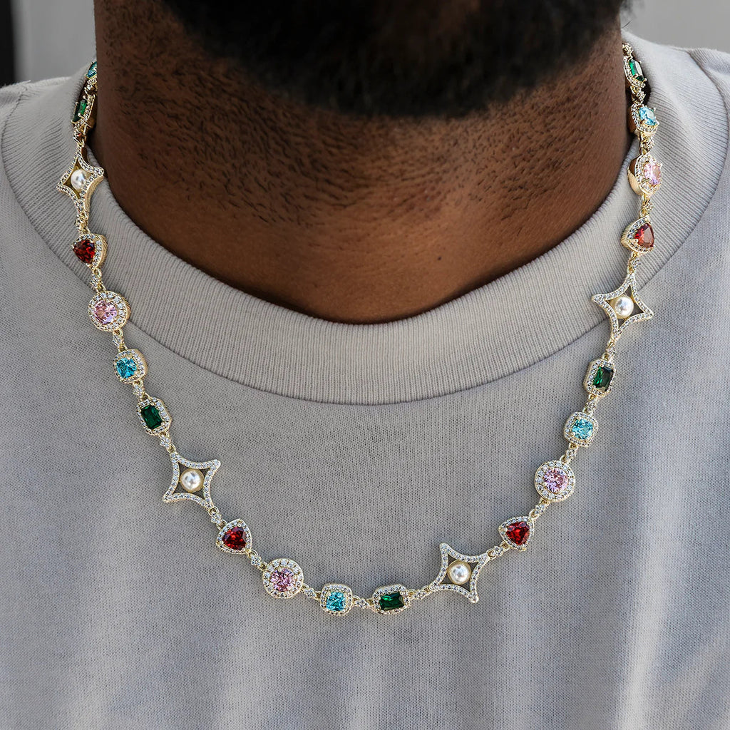 Colored Gemstone Pearl Chain in Yellow Gold - 17mm