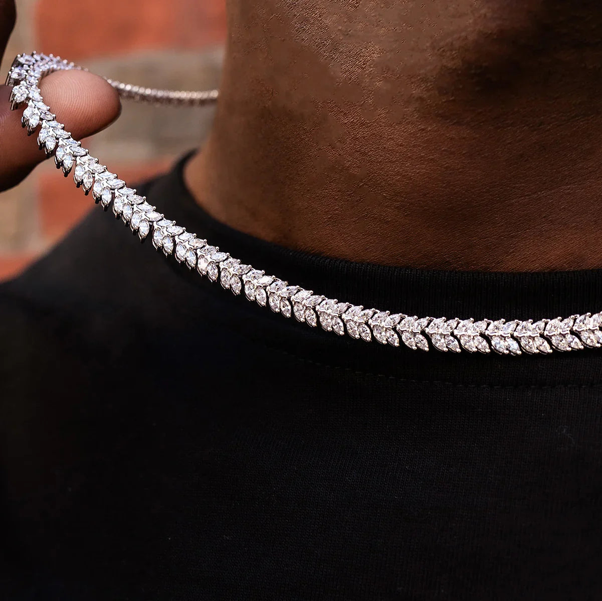 Iced Herringbone Chain in White Gold- 7mm