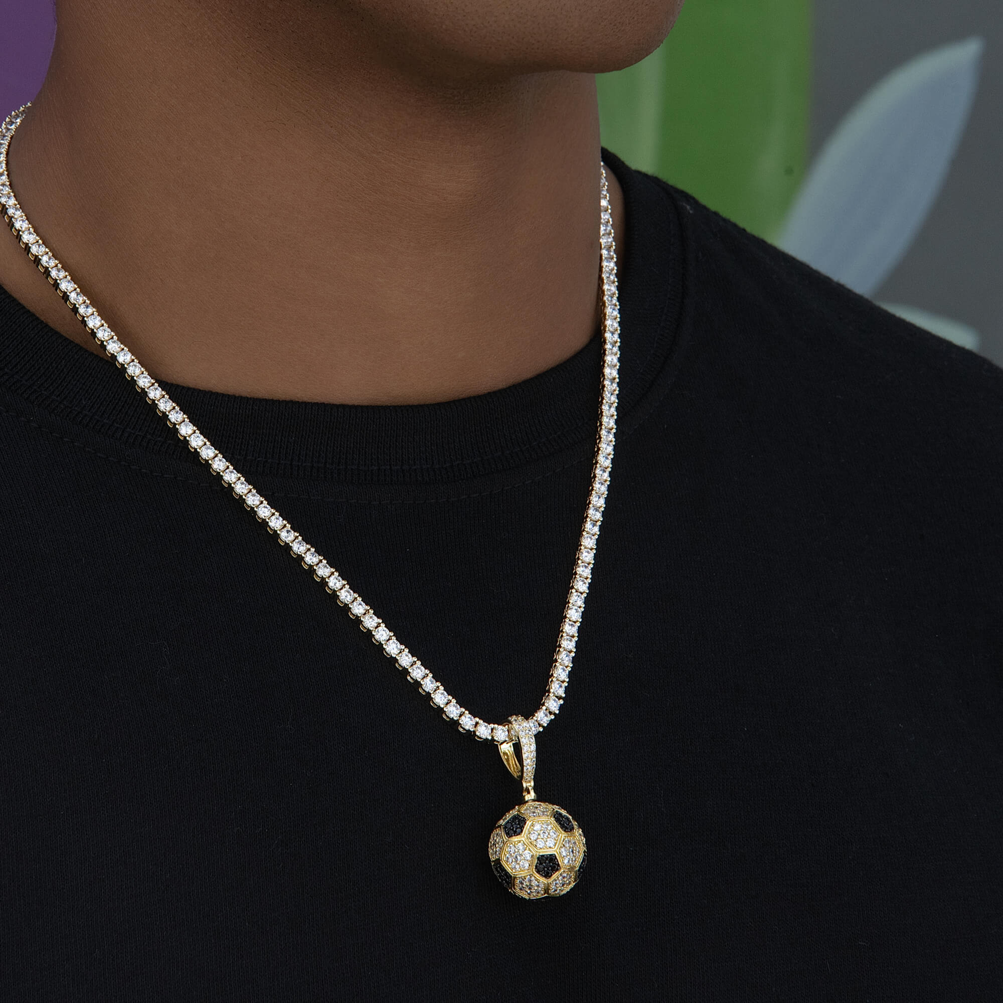 Iced Soccer Ball Pendant in Yellow Gold