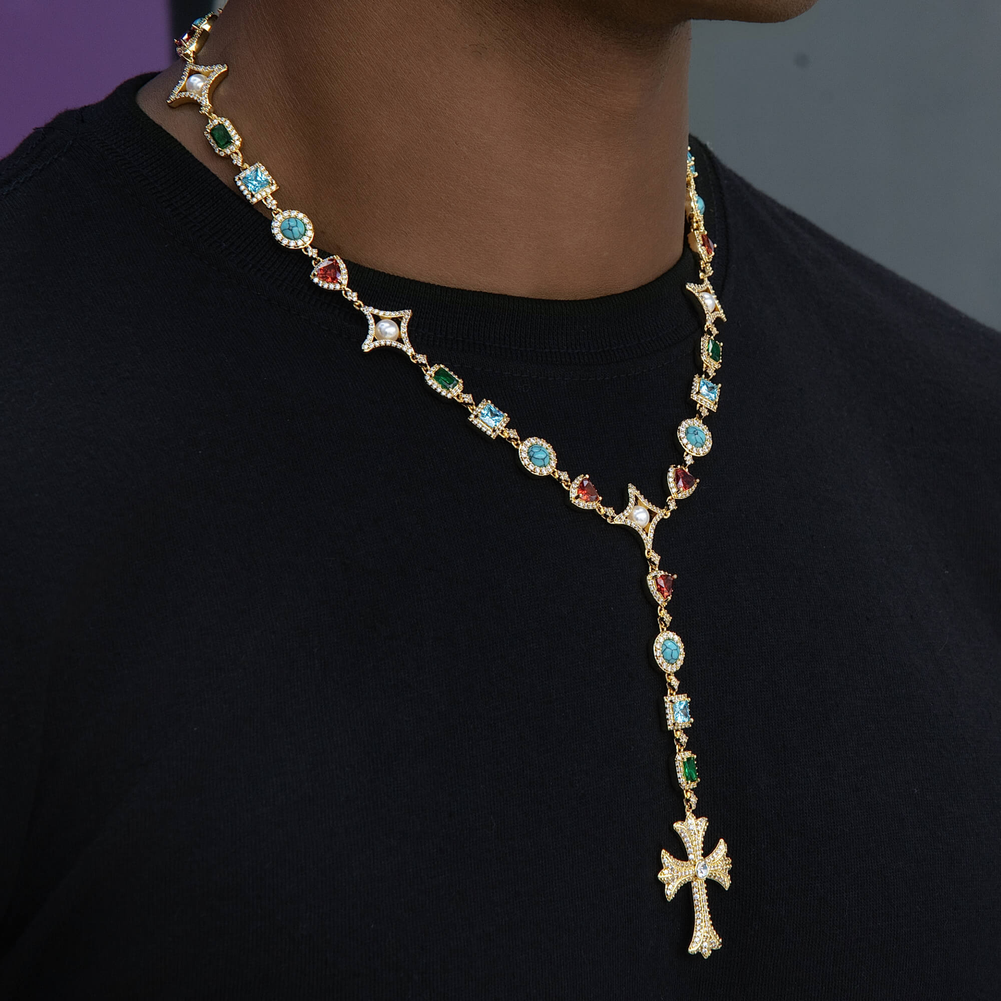 Colored Gemstone Pearl Rosary Chain Necklace in Yellow Gold