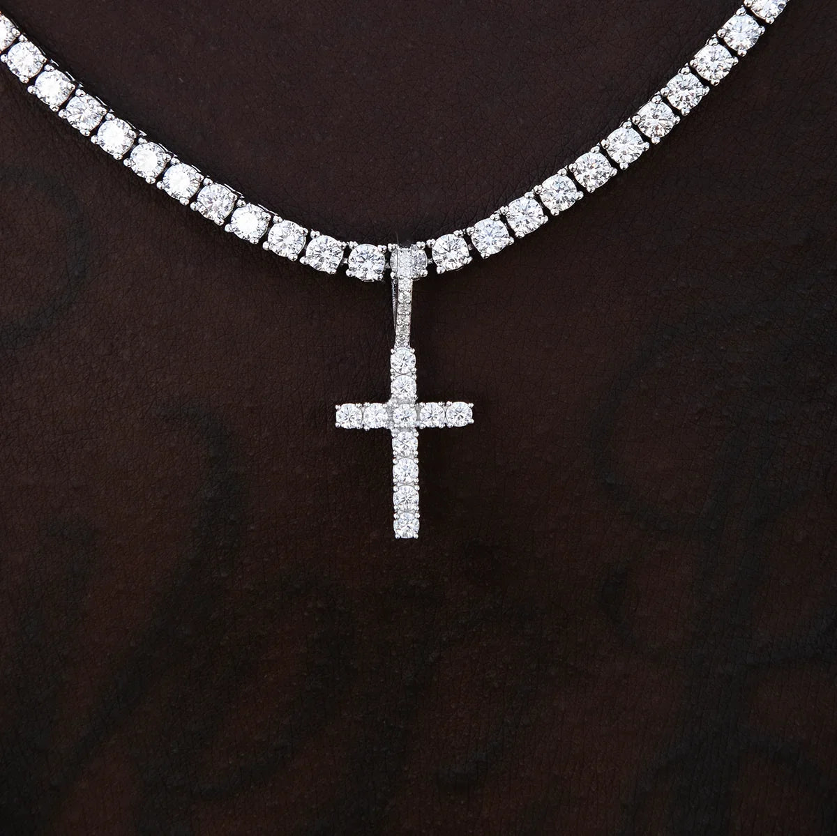 Moissanite Diamond Cross Micro Pendant in Sterling Silver