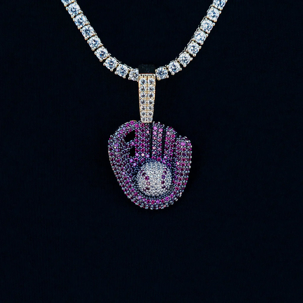 Iced Purple Baseball Pendant in Yellow Gold