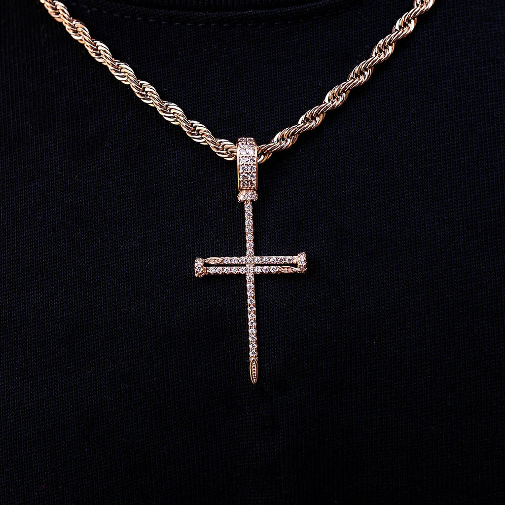 Iced Nail Cross Pendant in Rose Gold