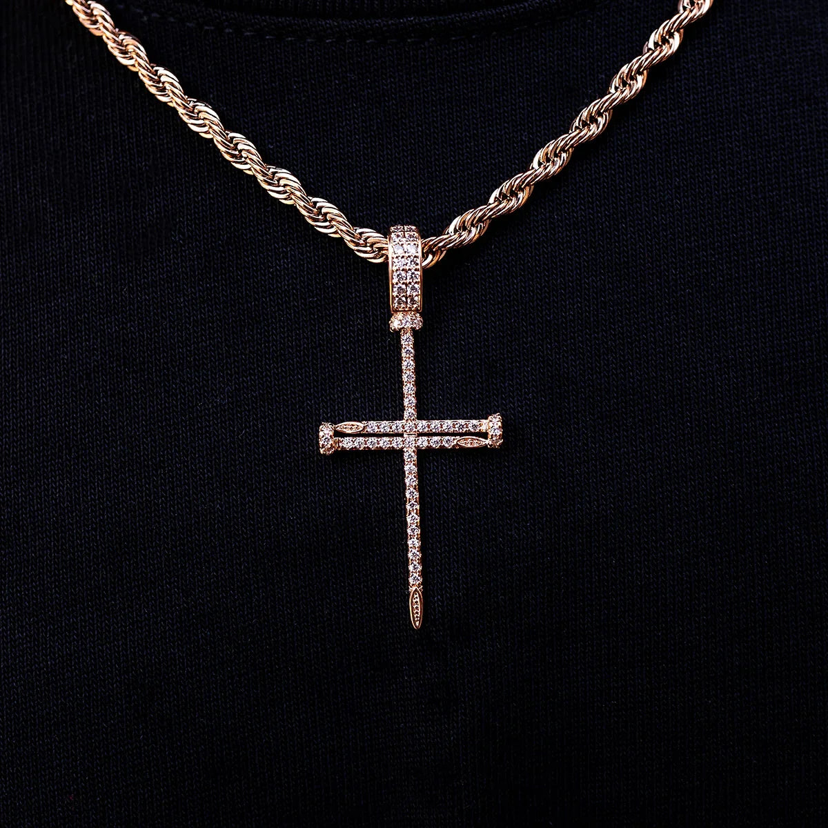 Iced Nail Cross Pendant in Rose Gold