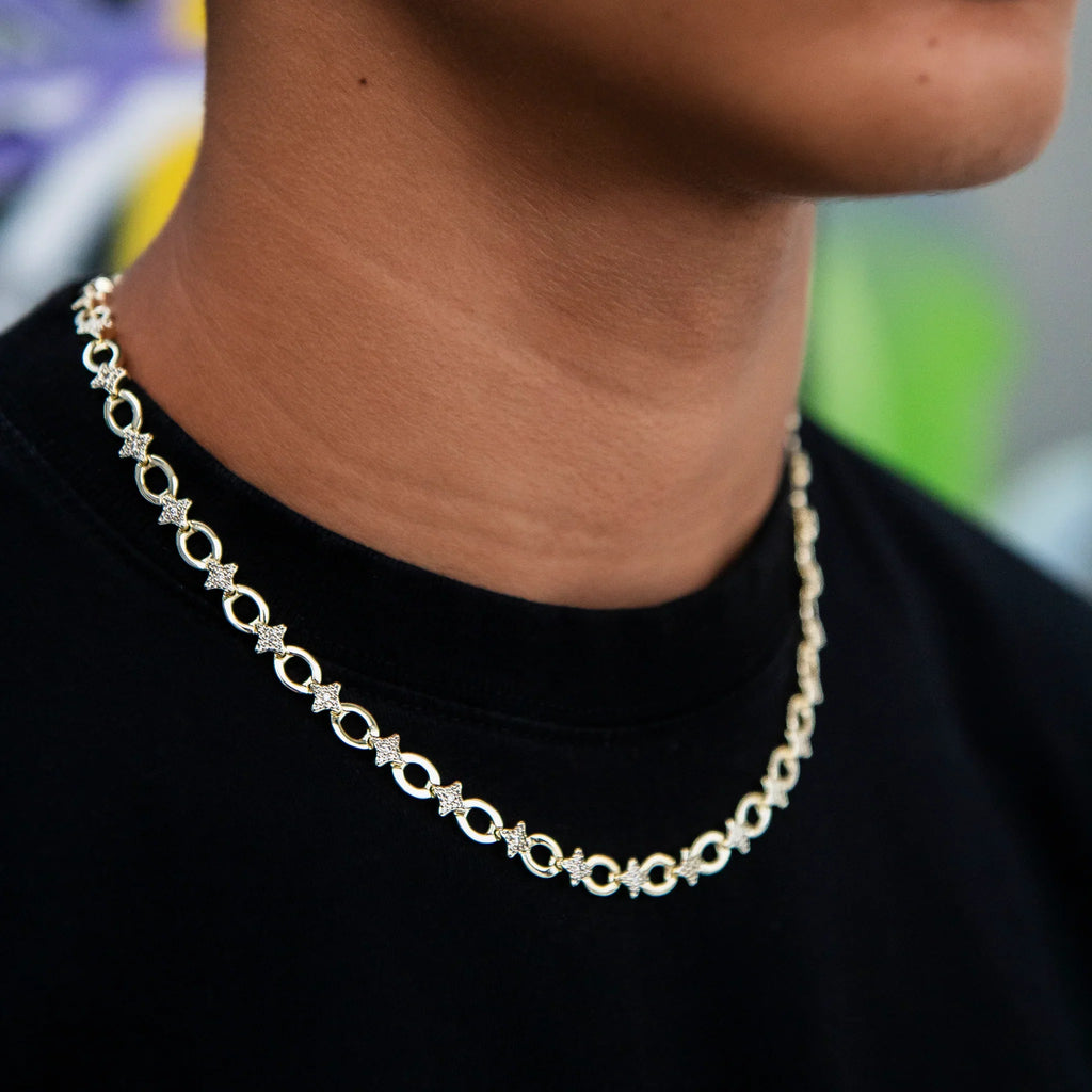 Iced Star Cable Link Chain - Yellow Gold
