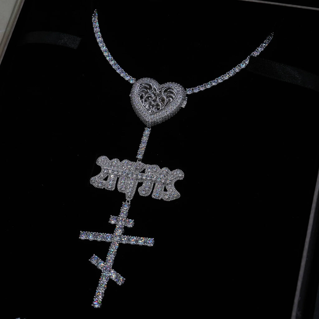 GLD X Bloody Osiris Iced Locket Rosary Chain in White Gold