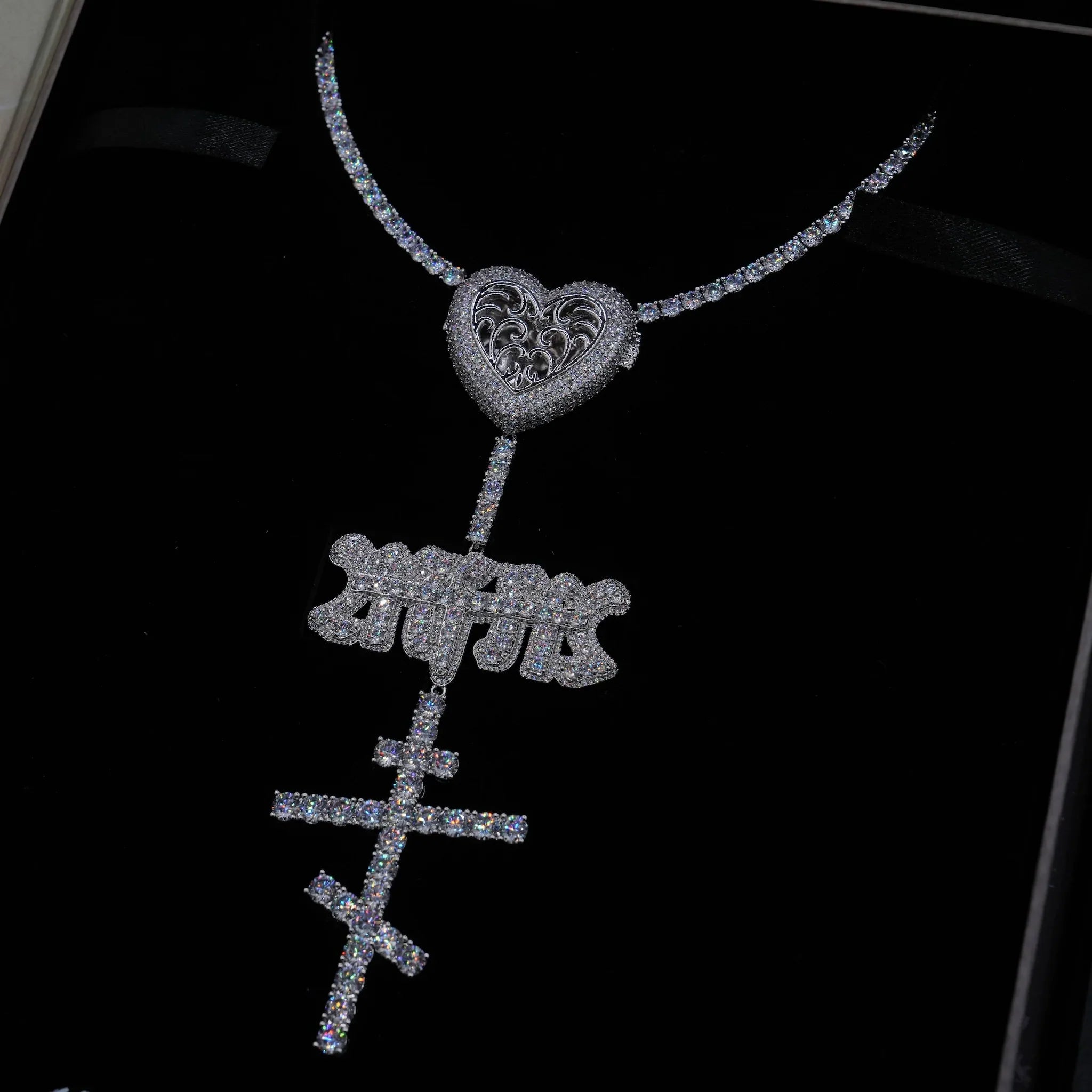 GLD X Bloody Osiris Iced Locket Rosary Chain in White Gold