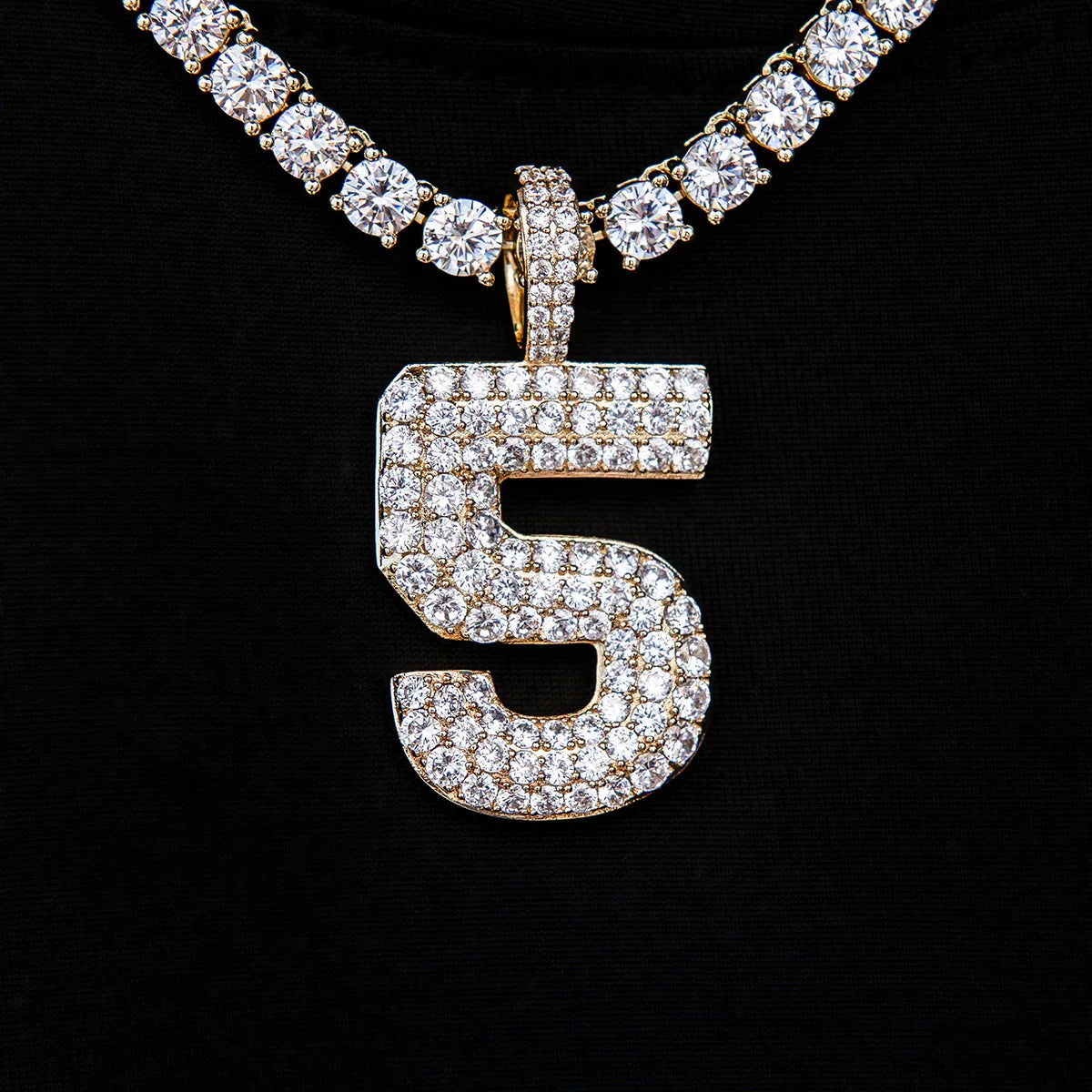 Pave Number Pendants in Yellow Gold