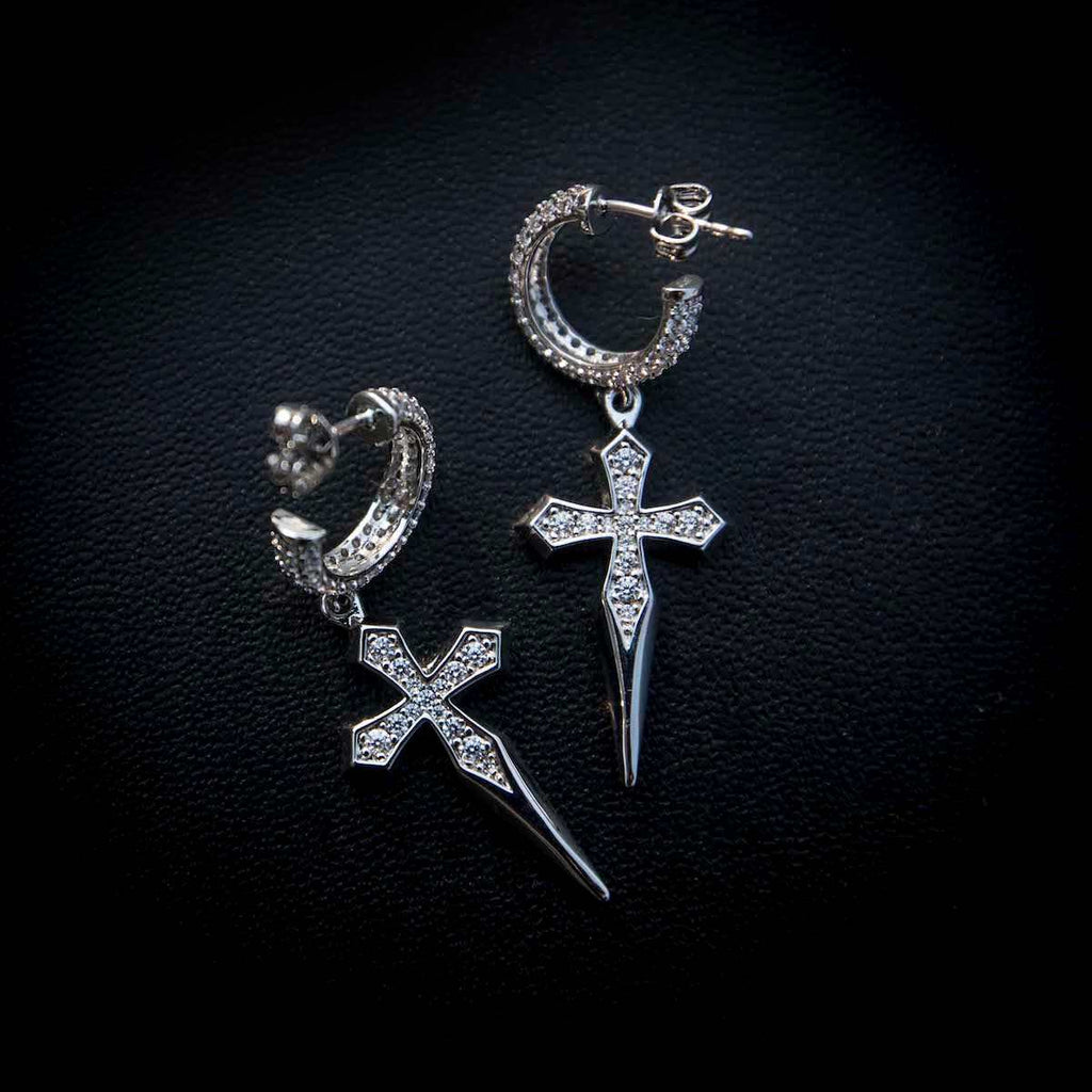 Dripping Cross Extra Small Huggie Hoop Earrings in White Gold