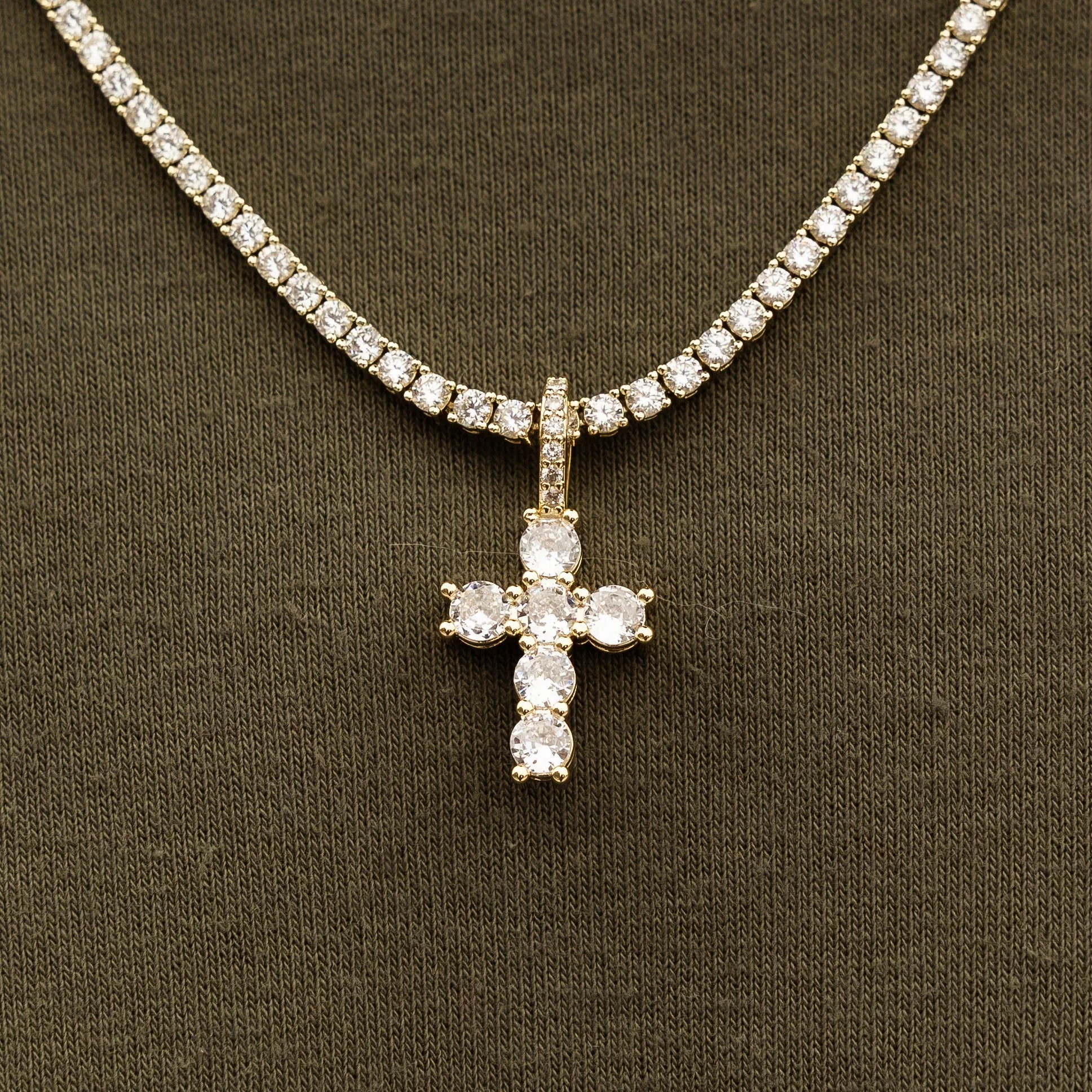 Iced Micro Round Cross in Yellow Gold