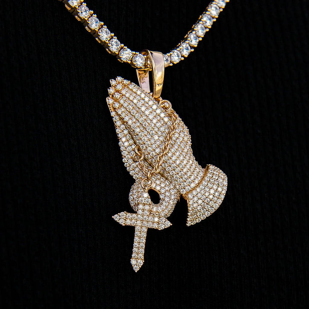 Men's Moissanite Praying Hands Pendant in Yellow Gold Vermeil