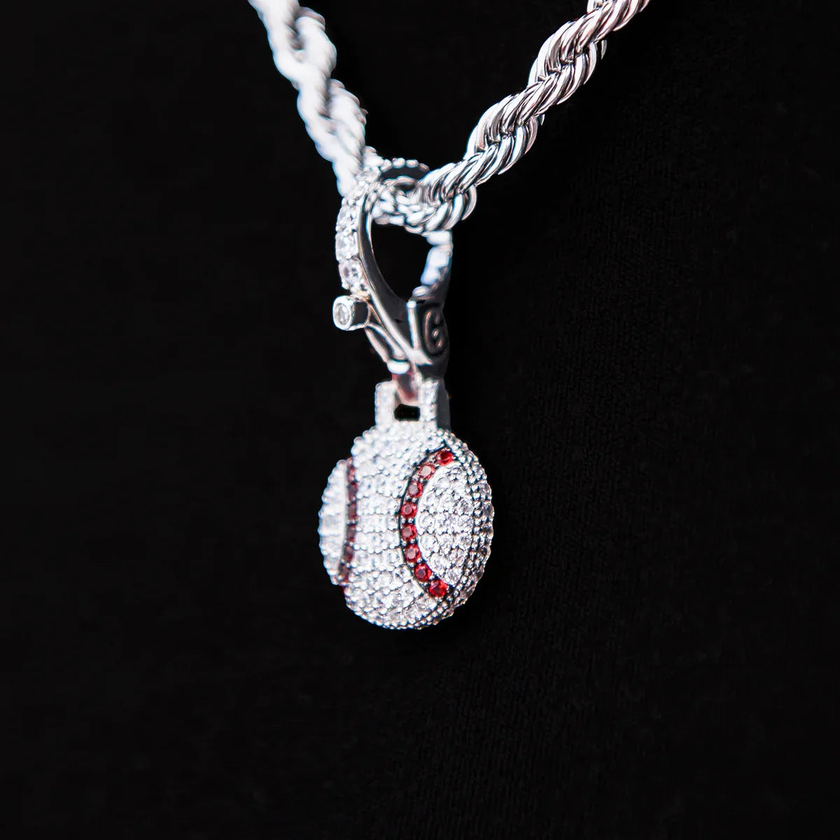 Iced Baseball Clip On Pendant - White Gold