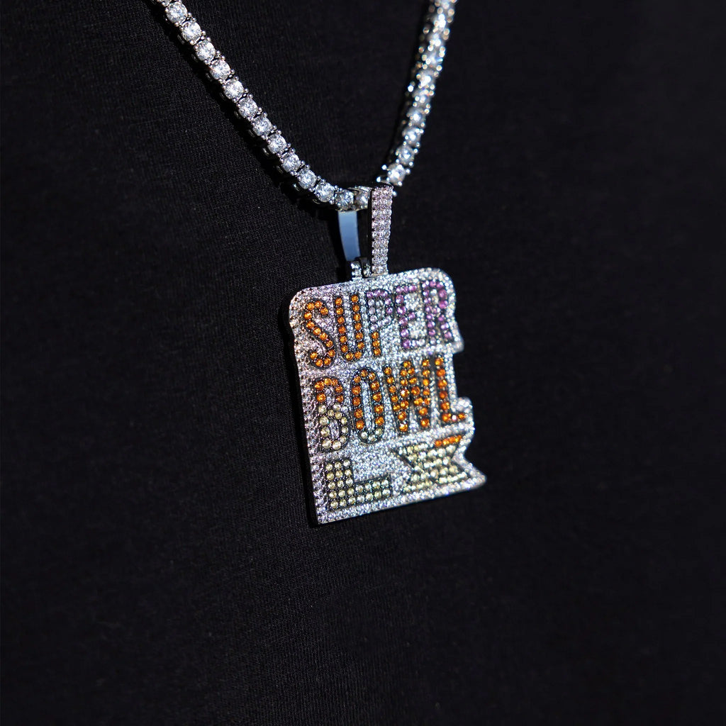 Iced 2026 Pink Ombre Stacked Super Bowl LX Official NFL Wordmark Pendant in White Gold