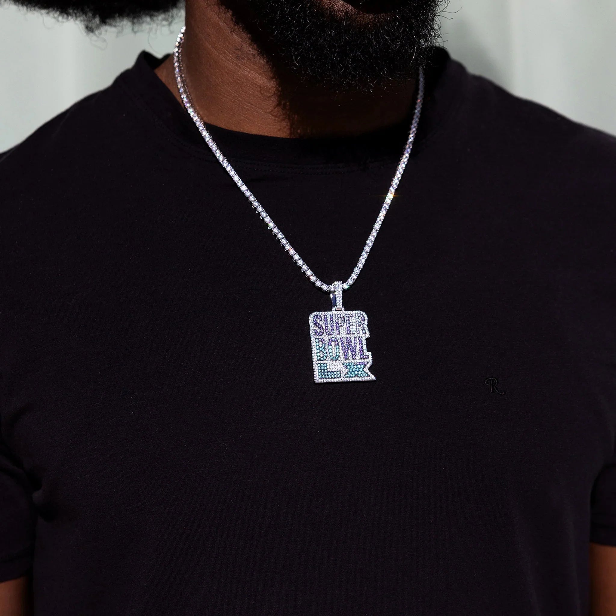 Iced 2026 Blue Ombre Stacked Super Bowl LX Official NFL Wordmark Pendant in White Gold