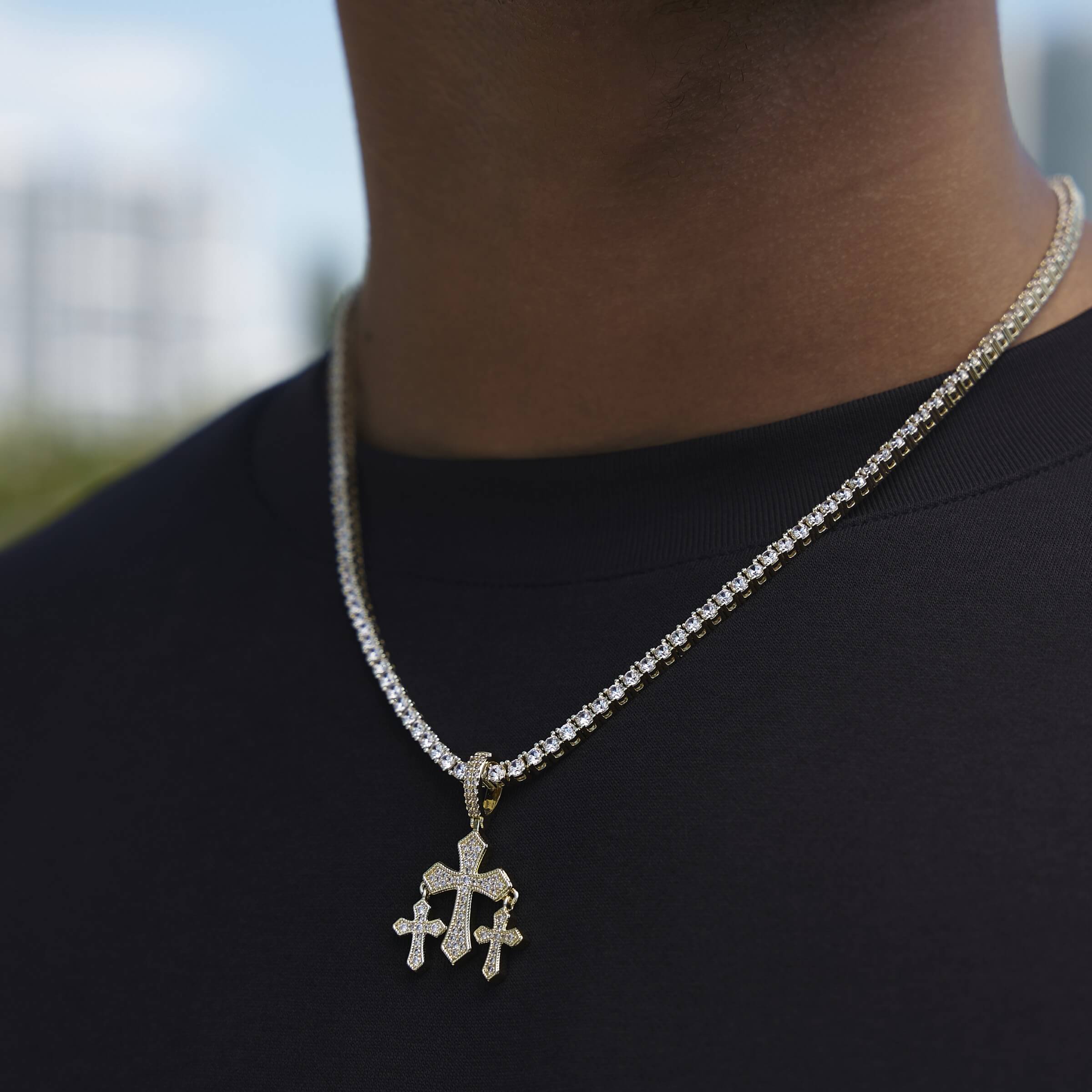 Micro Iced Triple Cross Pendant in Yellow Gold