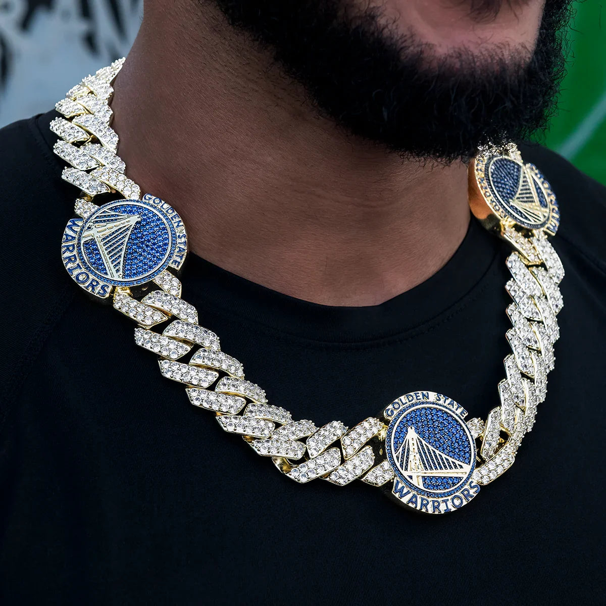 Golden State Warriors Official NBA Diamond Prong Cuban Chain in Yellow Gold- 25mm