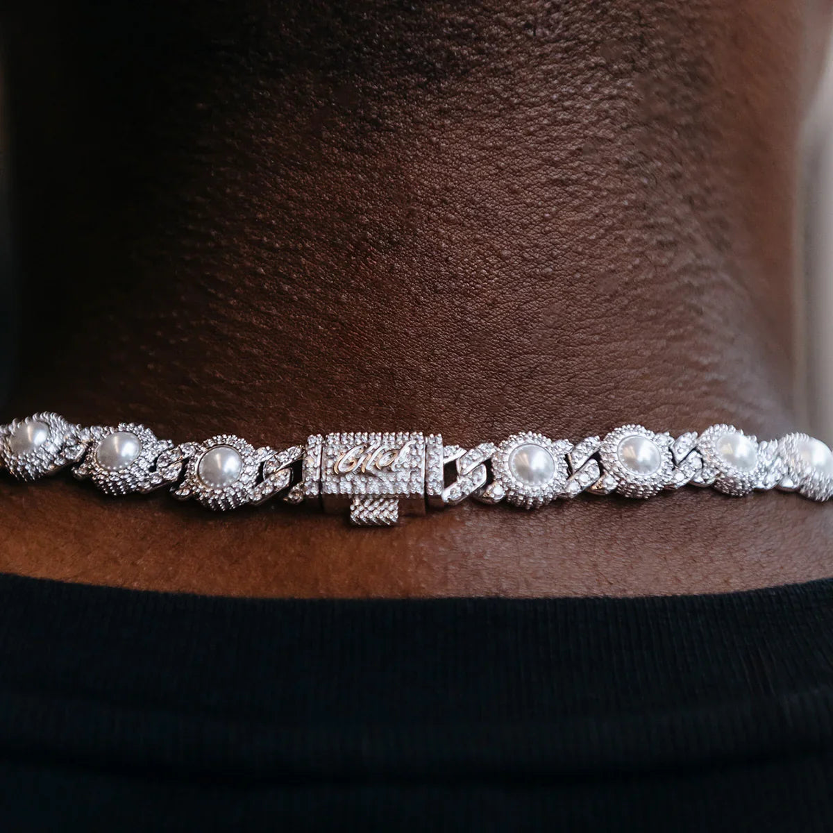 Iced Halo Cuban Chain + Bracelet with Pearls Bundle in White Gold