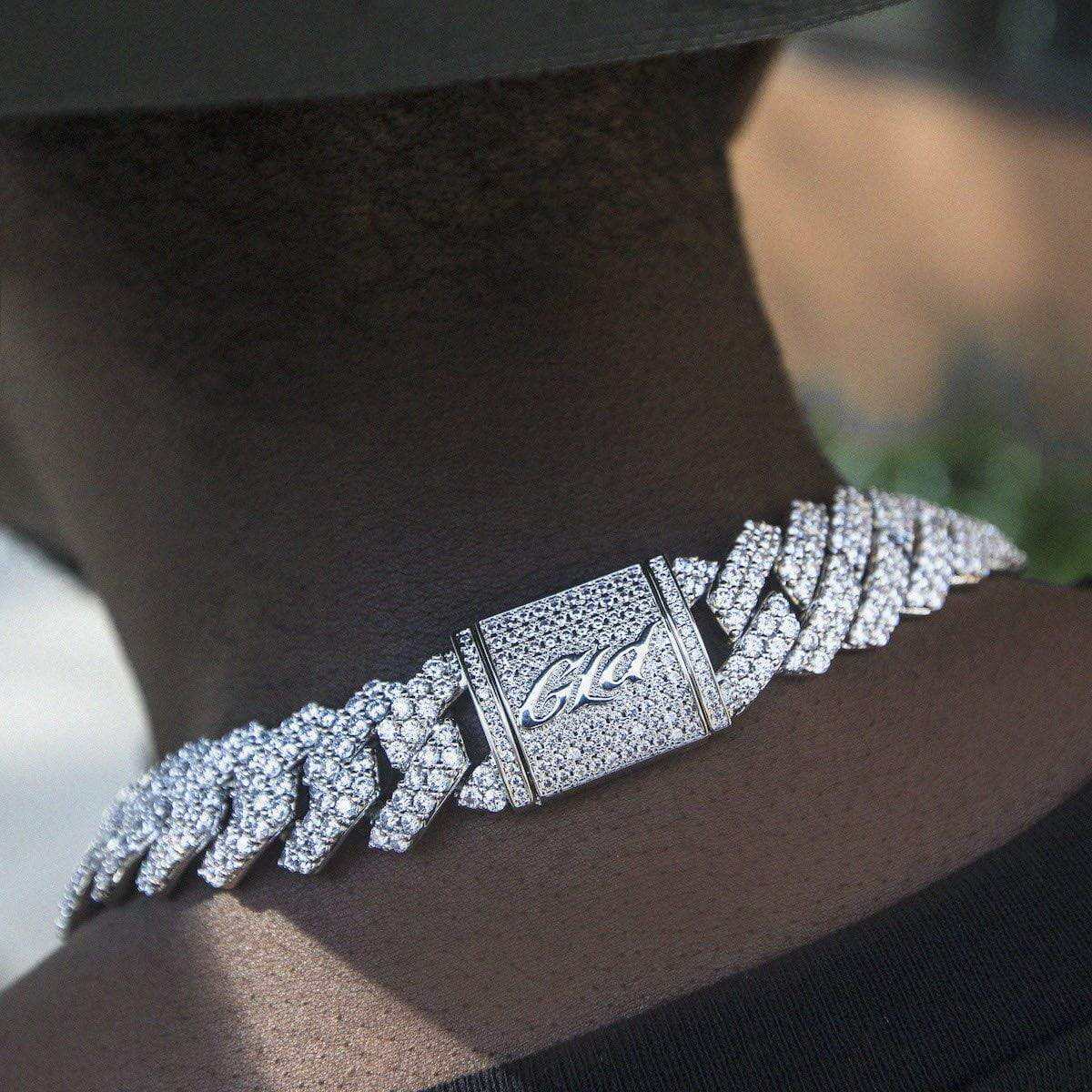Diamond Prong Cuban Chain in White Gold - 19mm